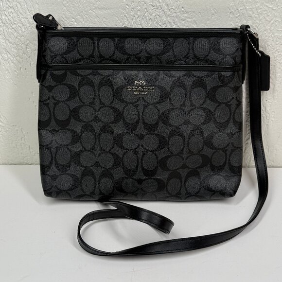 Coach Signature Canvas File Crossbody Black Leather Trim Zip Bag - Picture 1 of 11